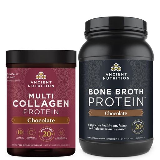[BRSRMEARDMCBEDTA] Ancient Nutrition Multi Collagen Protein Powder, Chocolate, 40 Servings + Bone Broth Protein Powder, Chocolate, 40 Servings