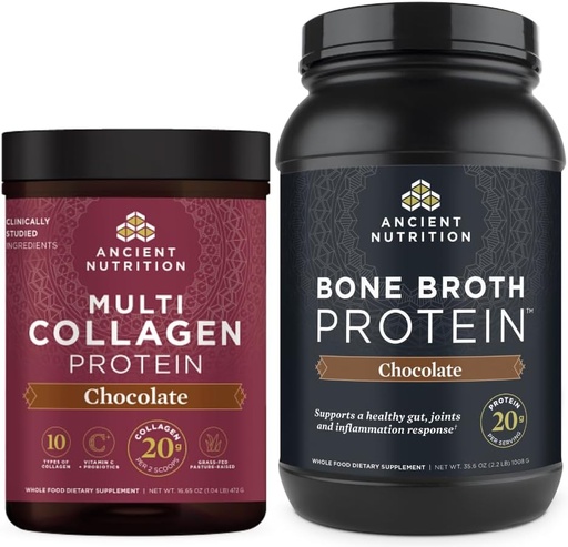 [BRSRMEARDMCBEDTA] Ancient Nutrition Multi Collagen Protein Powder, Chocolate, 40 Servings + Bone Broth Protein Powder, Chocolate, 40 Servings