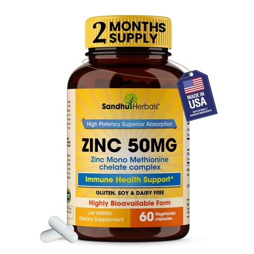 [BRSROBDYOIIBO3D2] Zinc 50mg Capsules for Men and Women, 60 Count | Highly Absorbable Zinc Supplements for Immune System Support | Zink 50 mg Mono Methionine Chelated Complex | Helps with Skin Health & Overall Immunity