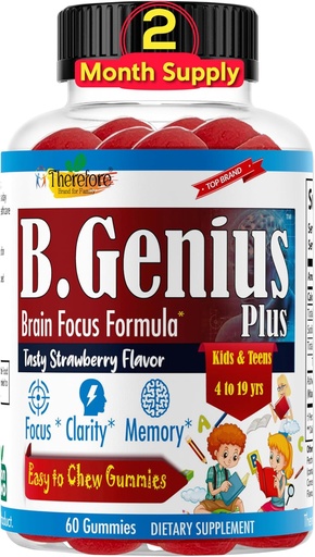 [BRSROZI3AQIAO2DZ] B.Genius Успокояващ Ashwagandha Gummies за деца и тийнейджъри  по-спокоен сън и релакс на настроението Детски гумени бонбони за Daily Focus  по целия природен вегетариански малинов аромат, Не-ГМО, Трети-парти Тестван  по 60 Ct