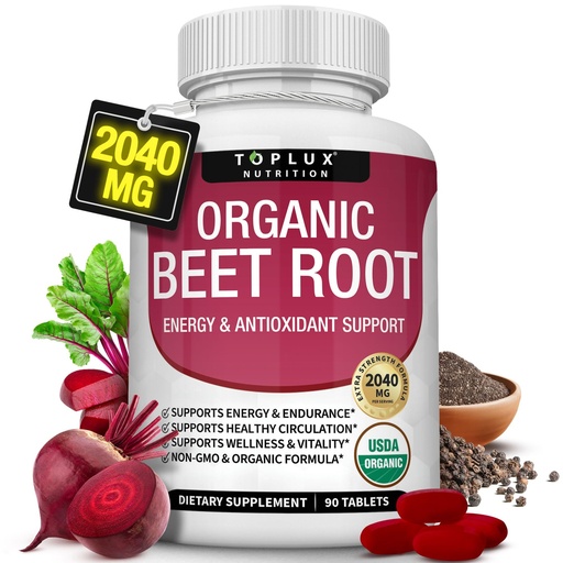 [BRSRMFQ5CECQGCL6] Toplux Organic Beet Root Powder Tablets - 2040mg Natural Nitric Oxide Beets to Support, Energy, Black Pepper Better Absorption, Non-GMO, for Men Women, 90 Tablets