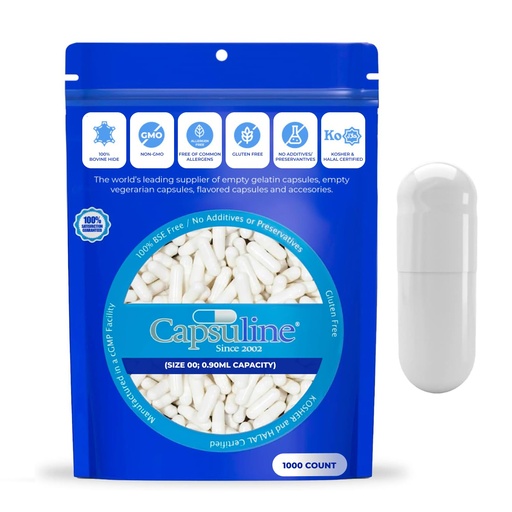 [BRSWGYACCMBROFDO] Capsuline Size 000 - Colored White Empty Gelatin Capsules - 1000 Count - Empty Gel Pill Capsules - DIY Pure Bovine Pill Capsule Filling - Empty Caps - Kosher and Halal Certified - Non-GMO Certified