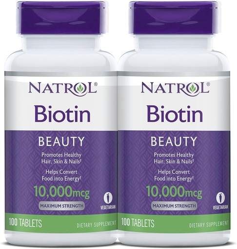 [BRSWK2T4CMIQC2TG] Natrol Biotin Beauty Tablets, Promotes Healthy Hair, Skin and Nails, Helps Support Energy Metabolism, Helps Convert Food Into Energy, Maximum Strength, 10,000mcg, 100 Count (Pack of 2)