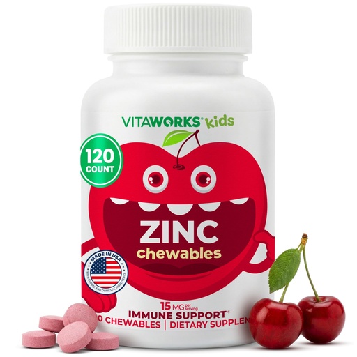 [BRSRMBQPBB5AG3DB] VitaWorks Kids Zinc 15mg Chewable Tablets - Natural Cherry Flavor - Vegan, Vegetarian, GMO-Free, Gluten Free, Nut Free Vitamins - Dietary Supplement for Immune Support - for Children - 120 Chewables