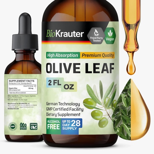 [BRSROGAYC4IRA2DD] BIO KRAUTER Olive Leaf Extract Liquid - Olive Leaf Tincture for Immune Support - Alcohol and Sugar Free - Vegan Drops 2 Fl.Oz.