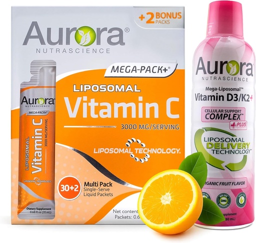 [BRSRAGL3A4MAE2Y4] Aurora Nutrascience Mega Liposomal Vitamin C 32 Pack + Vitamin D3/K2 Bottle Bundle - Supplement for Immune Support & Cognitive Health - 32 Servings Each