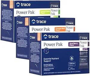 [BRSWYCTQOEDWOH3H] Trace Minerals Power Pak Multivitamin and Multimineral Packets - Electrolyte Support - 1200 mg Vitamin C Plus 70 Orange Blast, Lemon Lime, and Acai Berry Variety - 90 Packets