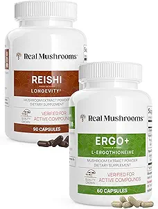 [BRSWYCT5DIPR6D3J] Real Mushrooms Ergothioneine (60ct) and Reishi 415 (90ct) Bundle with Shiitake and Oyster Mushroom Extracts - Longevity and Relaxation -Vegan, Gluten Free, Non-GMO - Natural Support for Healthy Aging