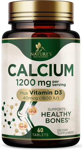 [BRSRMCT4OQCBYHI3] Calcio 1200 mg con vitamina D3 - Suplemento de salud ósea, vitamina D &amp; suplementos de calcio para hombres de mujer - fuerza ósea, dientes &amp; soporte inmunológico, píldoras de calcio de la naturaleza, embotellado en EE.UU. - 60 tabletas