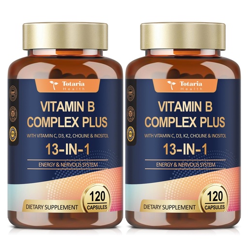 [BRSRAHQHB55A4FD6] 13-in-1 Vitamin B Complex Plus with Vitamin B1, B2, B3 (Niacin), B4, B5, B6, B7 (Biotin), B8 (Inositol), B9 (Folate), B12, C, D3, K2 for Energy, Nerve, Immune, Skin - 120 Caps per Bottle - 2 Bottles