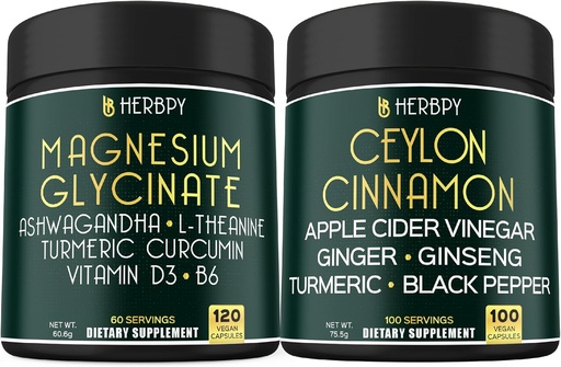 [BRSRABLRBZ5RUC3O] Bundle 6in1 Magnesium Glycinate Supplements & 6in1 Premium Ceylon Cinnamon Supplements - Relaxation, Restful Day & Night, Immune, Heart, Digestion & Body Balance Support
