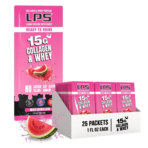 [BRSWYGQ2BUIBGE32] Nutritional Designs LPS Liquid Collagen & Whey Protein Supplement - Non-GMO Drink, Sugar-Free - Promotes Healthy Skin & Hair for Men & Women, Watermelon, Single Serve (25 Packets)