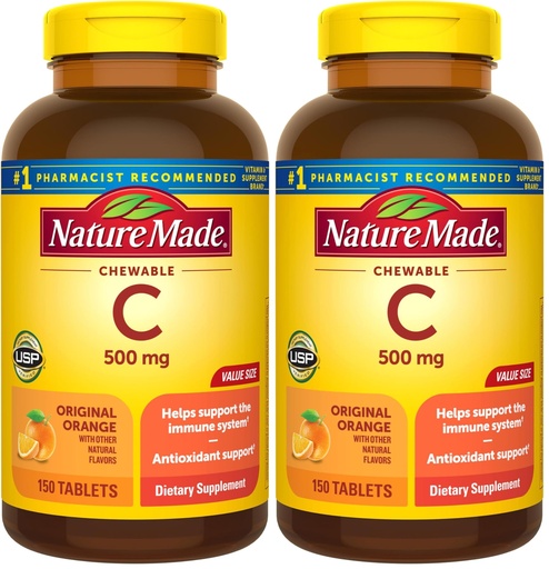 [BRSRAY35DIMR6CLP] Nature Made Chewable Vitamin C 500 mg, Dietary Vitamin C Supplement for Immune Support, 150 Tablets, 150 Day Supply (Pack of 2)