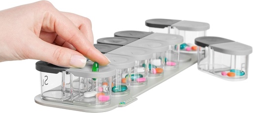 [BRSW2YI5BV7QG3A3] Sagely Smart XL Weekly Pill Sorter | Easy-to-Use Extra Large Weekly Pill Organizer | 12" x 4" x 2" | Portable AM/PM 2 Times a Day Weekly Magnetic Pill Organizer (White/Gray)