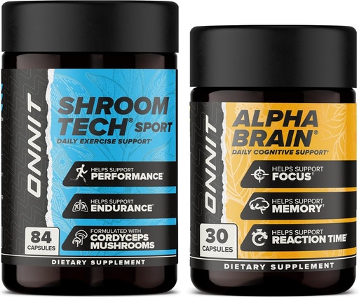 [BRSRAY37OAHWKELF] ONNIT Premium Alpha Brain Bundle - Suplemento Cerebral Nootrópico (30 Contagem) para Foco, Concentração e Memória + Shroom Tech Sport para Exercício, Energia e Desempenho Cardiovascular (84 Contagem)