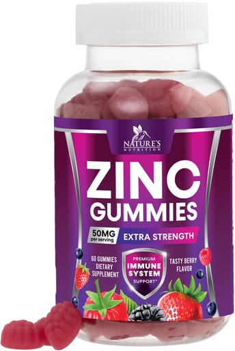 [BRSW2YAZCMFBOYLJ] Zinc Gummies - 50mg Zinc Per Serving Immune Skin & Bone Support Health Gummy - Premium Antioxidant Chewable, High Absorption Vegan, Best Supplements Vitamin for Adults, Tasty Berry Flavor, 60 Gummies