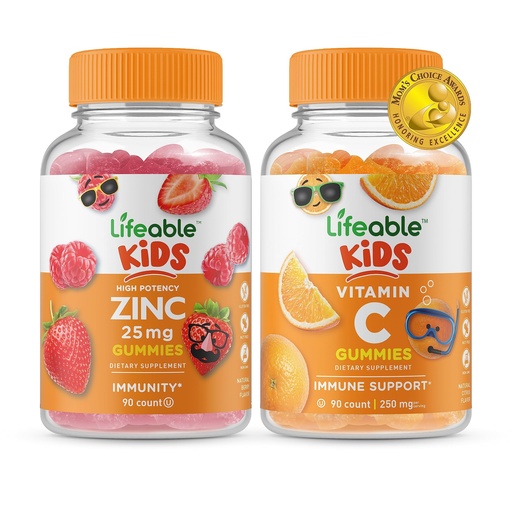 [BRSW2H36A54B43A4] Lifeable Zinc 25mg Kids + Vitamin C Kids, Gummies Bundle - Great Tasting, Vitamin Supplement, Gluten Free, GMO Free, Chewable Gummy