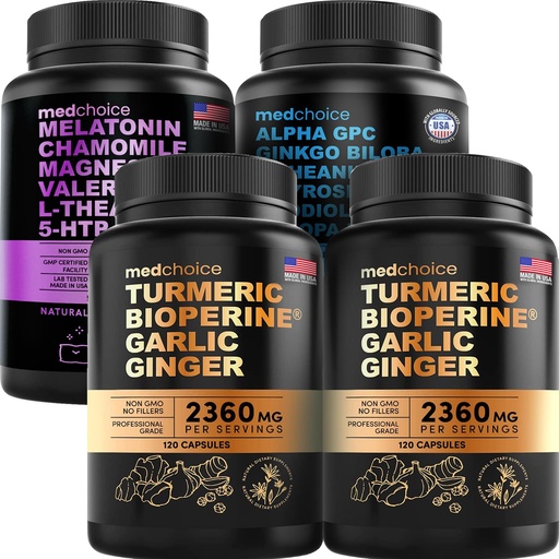 [BRSROGABCB4AA335] MEDCHOICE Turmeric & Ginger (240ct), Sleep Melatonin (90ct), and Nootropic Brain (60ct) Supplement Bundle - Wellness Trio for Brain, Sleep, & Immune Support - Vegan, Non-GMO, Gluten-Free