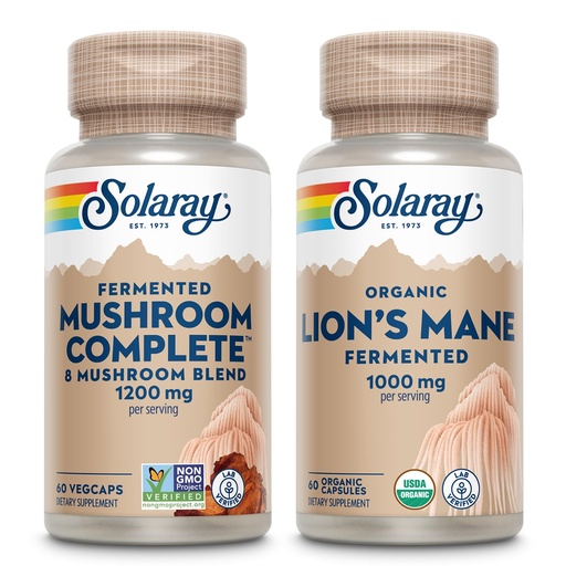 [BRSRABADOEIAO2D2] SOLARAY Mushroom Complete and Lions Mane Mushrooms Bundle - 8 Mushroom Supplement Plus Organic Lion’s Mane - Fermented for Enhanced Absorption and Whole Body Wellness, 60-Day Guarantee, 60 VegCaps Ea.