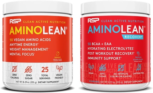 [BRSW2EANBN5RQFL4] RSP NUTRITION Vegan AminoLean Pre Treenout Energy (Mango 25 Servings) kanssa AminoLean Recovery Post Treenout Boost (trooppinen Island Punch 30 Servings)