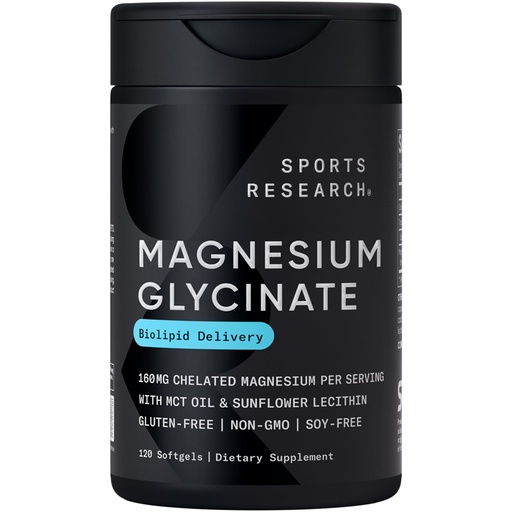 [BRSRAYADA4HRY3TZ] Sports Research® Magnesium Glycinate - Suports Restful Sleep & Enzymatic Processes - 160 mg Chelated Magnesium - Liquid Softgel - 120 Count