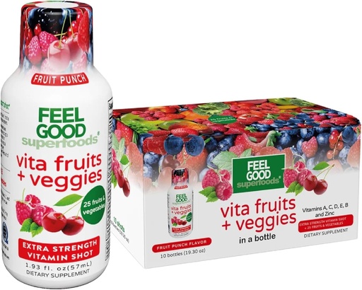 [BRSWYGL3B4HWKYL4] Feel Good Superfoods Vita 水果和蔬菜Immune 支持射击补充品、水果冲刺火焰、10个豁免射击包、Immune系统助推饮料用25个有机水果和蔬菜制作