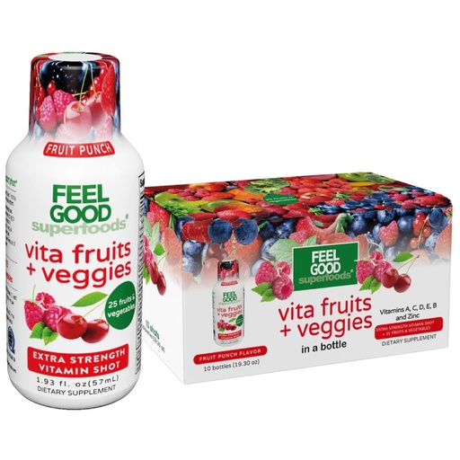 [BRSWYGL3B4HWKYL4] FeelGood Superfoods Vita Fruits and Veggies Immune Support Shot Supplements, Fruit Punch Flavor, Pack of 10 Immunity Shots, Immune System Booster Drink Made with 25 Organic Fruit & Vegetables