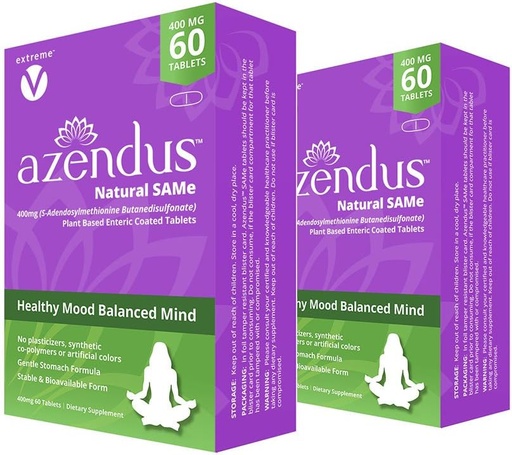 [BRSWGYYHAVYRAFLZ] Azendus Mood 400mg 2-Boxes of S-Adendosylmethionine Butanedisulfonate (SAM-e) 120 Enteric Coated Tablets - Vegan, Gluten Free, Soy Free