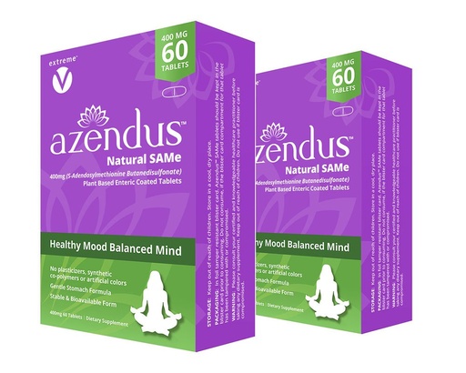 [BRSWGYYHAVYRAFLZ] Azendus Mood 400mg 2-Boxes of S-Adendosylmethionine Butanedisulfonate (SAM-e) 120 Enteric Coated Tablets - Vegan, Gluten Free, Soy Free