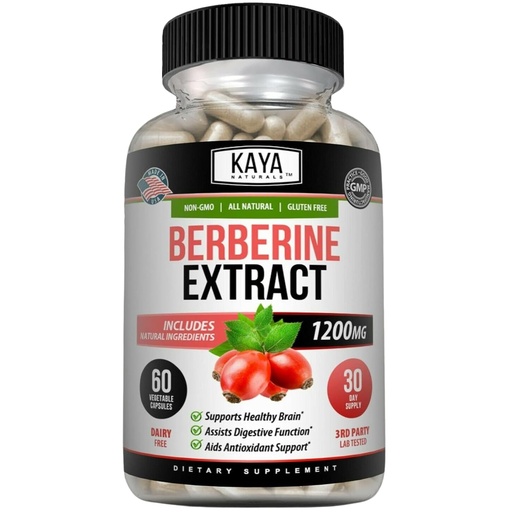 [BRSW2EA5OBYGYALK] Kaya Naturals Berberine HCL Extract 1200mg - Immune System - Gluco Levels - Gut Health (Vegetarian, Non-GMO & Gluten-Free) Berberine Supplement (60 Count (Pack of 1)