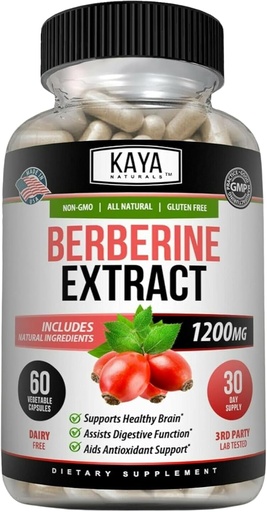 [BRSW2EA5OBYGYALK] Kaya Naturals Berberine HCL Extract 1200mg - Sistema Imune - Níveis de Gluco - Gut Health (Vegetariano, Não-GMO & Gluten-Free) Suplemento Berberine (60 Contagem de 1)