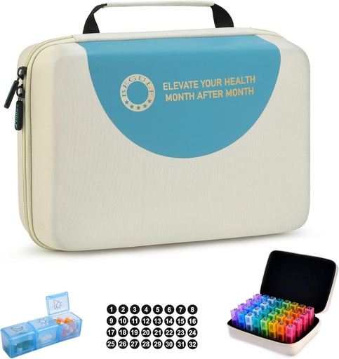 [BRSROGABBUDRG3Q6] Drop-Proof Monthly Pill Organizer 3 Times A Day, 30 Day Travel Pill Box Organizer with 32 Daily Compartments, Medicine Organizer Box for Vitamin, Fish Oil, Supplement (Beige)