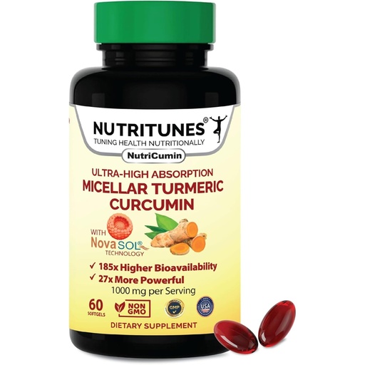 [BRSROEA2CN6WYGYU] NutriCumin NovaSOL Turmeric Curcumin 1000 mg – 185× Absorption – Supports Joint Comfort & Mobility – Non‑GMO Softgels, 60 Ct.