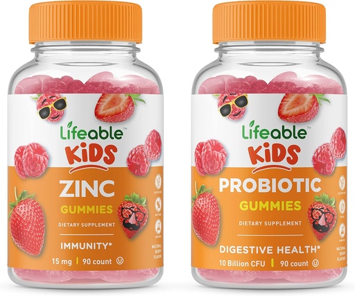 [BRSRMZQQCQAWGDL2] Lifeable Zinc Kids + Probiotics 5 Billion Kids, Gummies Bundle - Great Tasting, Vitamin Supplement, Gluten Free, GMO Free, Chewable Gummy