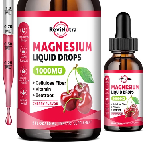 [BRSROCYCC5YB42DO] Magnesium Glycinate Liquid Drops, 1000mg Magnesium Glycinate, Citrate & Taurate with Fiber, Beetroot, Vitamin B & C for Sleep, Calm, Muscle, Energy & Relaxation, 2 Fl Oz, Sugar-Free Cherry Flavor