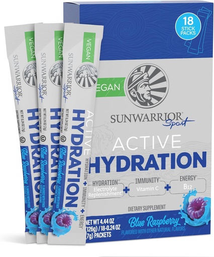 [BRSROAYCAQJWA2D4] Sunwarrior Hydration Powder Electrolyte Packets Powder B12 Elderberry | Blue Raspberry Flavored 18 Stick Packs 126g Pouch | Vegan and Plant-Based Sugar Free