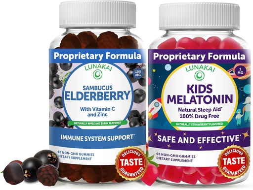 [BRSW2HALB4IAGHQ6] Lunakai Adult Elderberry and Kids Melatonin Gummies Bundle - Immune Support with Zinc and Vitamin C for Adults & Children - Non-GMO, Vegan, Gluten Free Natural Sleep Gummy