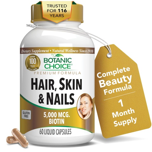 [BRSWYYIKC57B62YU] Botanic Choice Hair Skin and Nails Vitamins - Biotin Supplement with Collagen, Vitamin C, & Iron - Super Antioxidant Blend with Argan Oil & Hyaluronic Acid - 60 Liquid Capsules