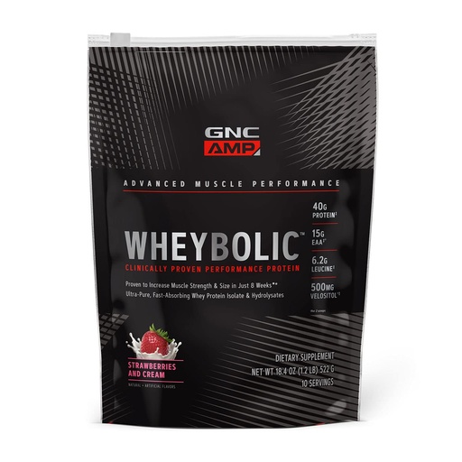 [BRSRMBQ5C55AYA3P] GNC AMP Wheybolic Clinically Proven Protein Powder, 40g Whey Protein, BCAA, Leucine, Increases Muscle Strength, Muscle Building, 3rd Party Tested, Gluten Free, Strawberries and Cream, 10 Servings