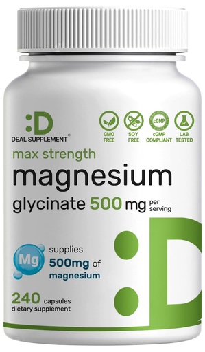 [BRSROFD2BEPWK334] Max Strength Magnesium Glycinate 500mg Per Serving, 240 Capsules | 100% Chelated for Easy Absorption | Essential Mineral Supplement for Muscle, Sleep, & Heart Health