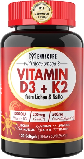 [BRSWYBDYBEGQY3DX] Rastlinné vitamín D3 K2 doplnok softgel - Vit D3 10000 Iu + vitamín K2 Mk7 200 Mcg, Algae Omega-3, horčík, vitamín B12 pre kosti a svalovinu, imunitná podpora, maximálna absorpcia, ľahko prehltnúť 1 balenie