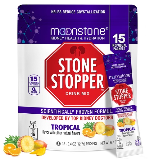 [BRSWY2T7OZ7QK33U] Moonstone Stone Stopper Drink Mix, Tropical, Kidney Stone Prevention, Calcium Oxalate Protector, Developed by Urologists to Improve Hydration and Support Kidney Health, 15 Day Supply