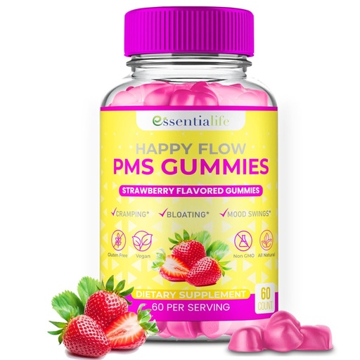 [BRSRO2YFA4BGKCL7] PMS Gummies - Happy Flow PMS Support Supplement for Women - Strawberry PMS Relief Supplement with Vitamin B6 for Hormone Balance, Period Support, Cramps, Hormonal Acne & Bloating Relief (60 Count)