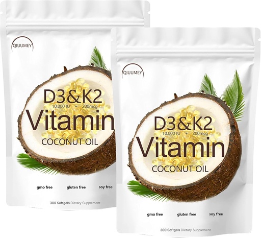 [BRSRAZQNCAGQK2QZ] D3 + K2 Coconut Oil Soft Gels, Vitamin D3 10000 iu Plus K2 (MK-7) 200 mcg, Vitamin D3 K2 supplement Softgels, Replenish Vitamin D3 K2 Coconut Oil Softgels 300 Gels