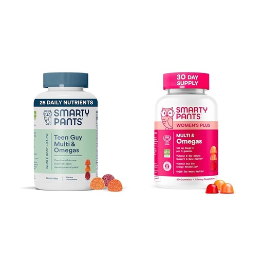 [BRSRAHQKBYOQEF3J] SmartyPants Women's and Teen Guy Multivitamin Gummies Bundle: Omega 3 (DHA/EPA), Methylfolate, CoQ10, Vitamin D3, C, Vitamin B12, B6, Vitamin A, K & Zinc, Gluten Free (30 Day Supply)