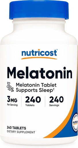 [BRSW2ZQNDEGQOAIZ] Nutricost Melatonino 3 mg, 240 tablečių - 3 mg vienam serviniam, ne GMO, Gluten Free