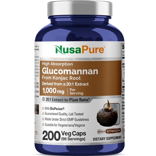 [BRSRMC32CJ6GMALP] NusaPure Glucomannan 1000 mg per Serving 200 Veg Caps (BioPerine, Non-GMO, Vegan) Konjac Root