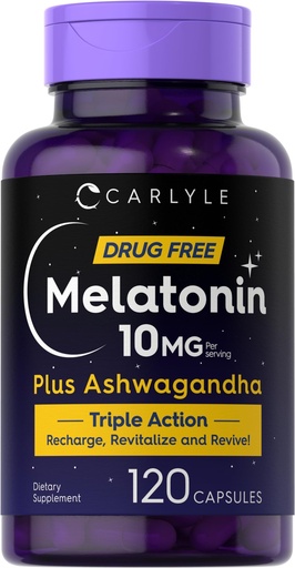 [BRSRMFL2AUIB63AV] Carlyle Melatonin 10mg | 120 Capsules | with Ashwagandha | Triple Strength Formula | Non-GMO, Gluten Free Supplement