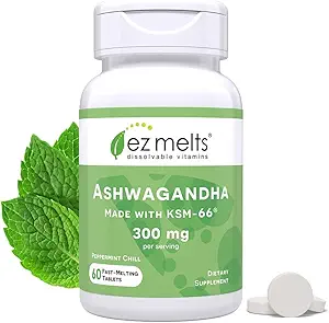 [BRSROEIYOJ7BGAI6] EZ Melts Dissolvable KSM-66 Ashwagandha, 300 mg, Sugar-Free, Stress, Sleep and Mood Support Supplement, 30-Day Supply, Peppermint Chill-Flavor - 1 Pack