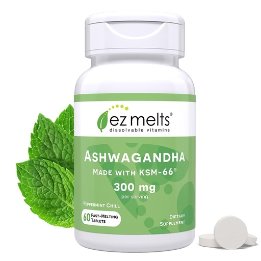 [BRSROEIYOJ7BGAI6] EZ Melts Dissolvable KSM-66 Ashwagandha, 300 mg, Sugar-Free, Stress, Sleep and Mood Support Supplement, 30-Day Supply, Peppermint Chill-Flavor - 1 Pack